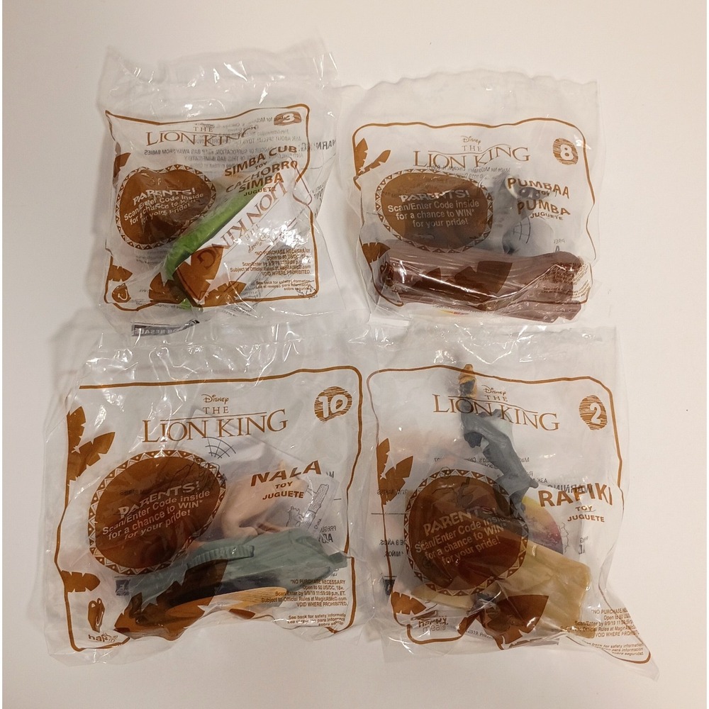 Set of 4 McDonald's The Lion King Toys 2019, (1 Opened), Nala, Rafiki, Pumba